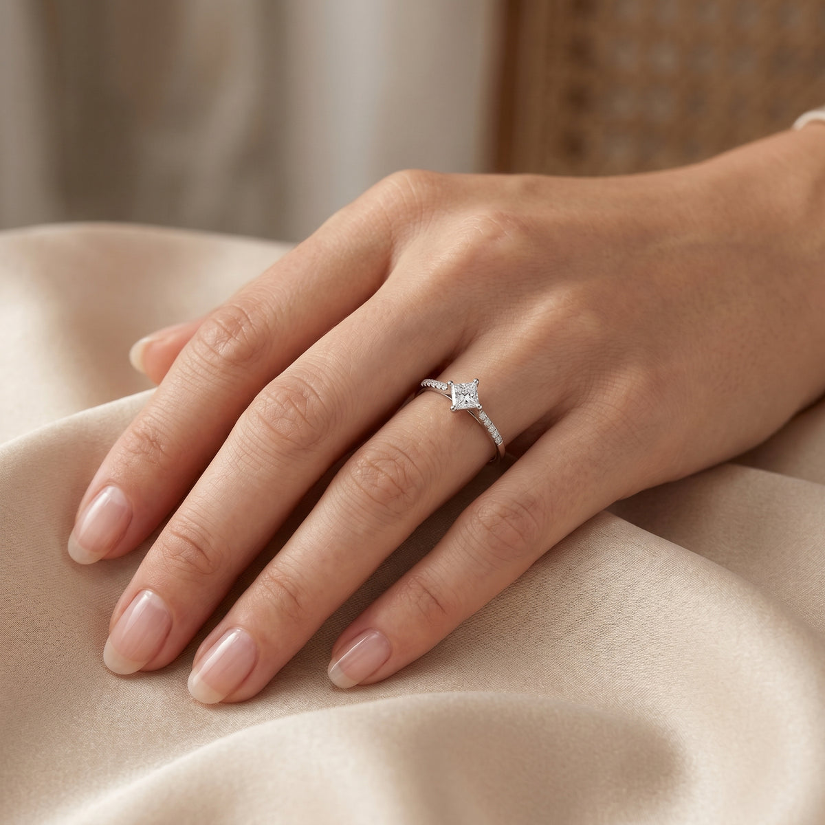 Kite Princess Cut Engagement Ring with Pavé Shoulders