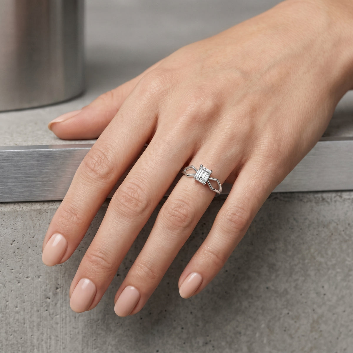 Asscher Cut Solitaire Engagement Ring with Lattice Split Shank — lifestyle
