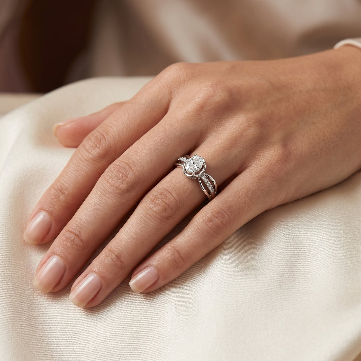 Oval Diamond Engagement Ring with Crossover Split Shank and Pavé Band — lifestyle