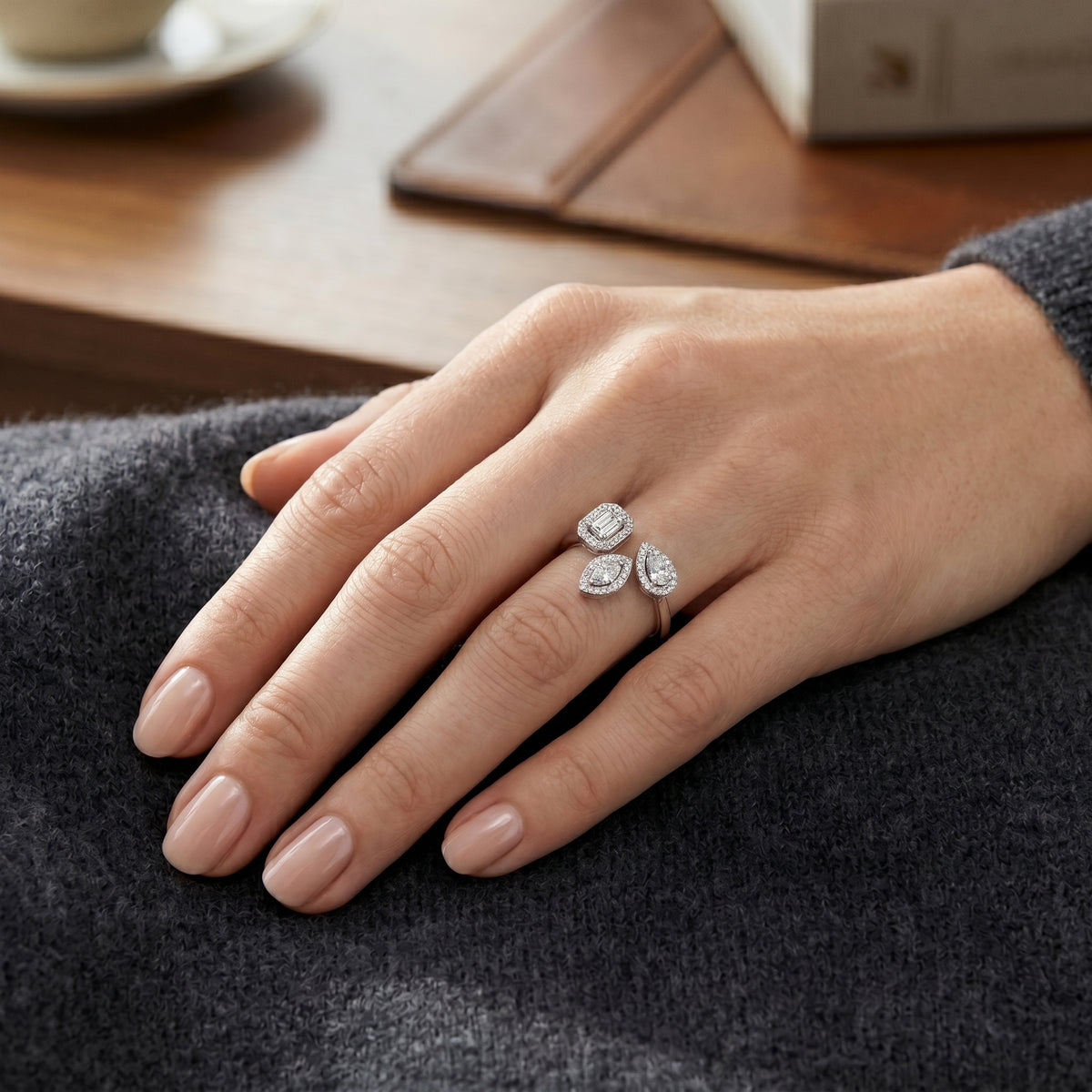 Mixed Cut Three Stone Halo Constellation Engagement Ring — lifestyle