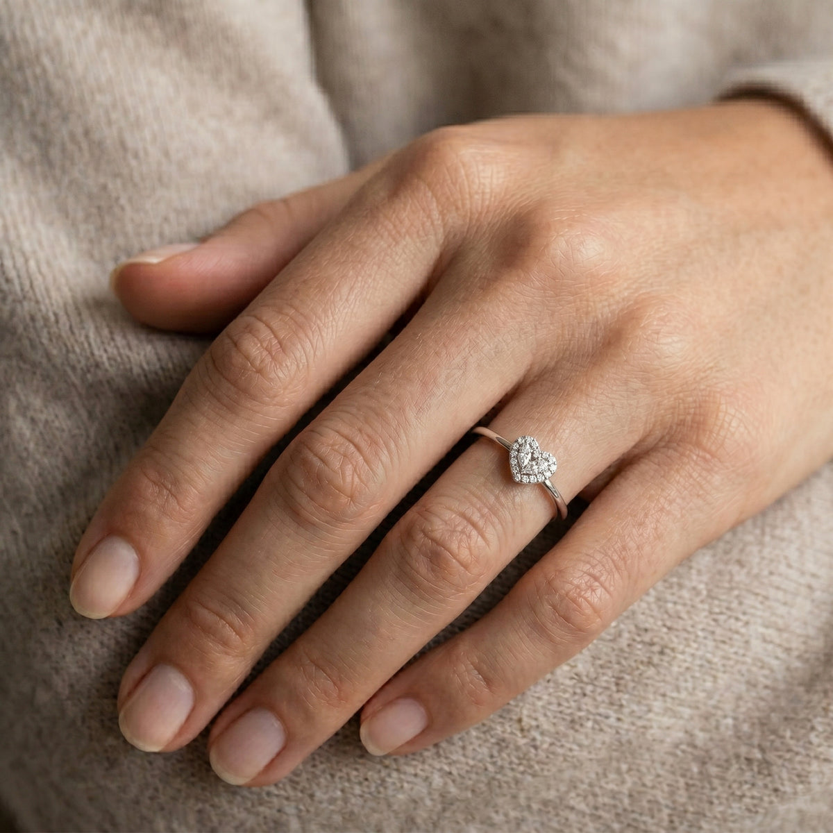 Two Pear Diamond Heart Silhouette Engagement Ring with Halo — lifestyle