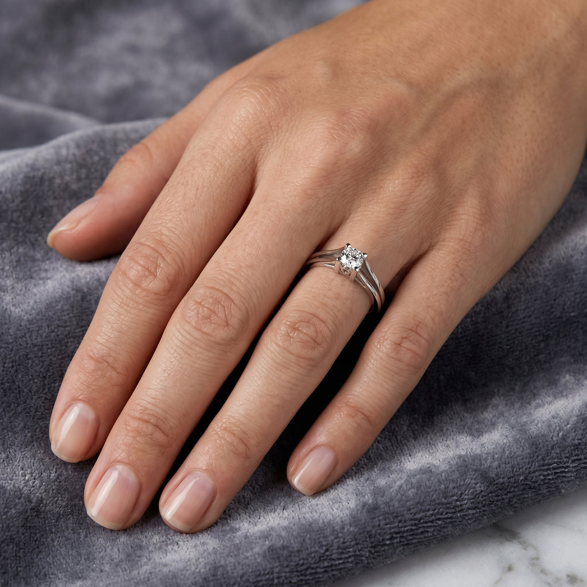 Round Diamond Double Band Split Shank Solitaire Engagement Ring — lifestyle