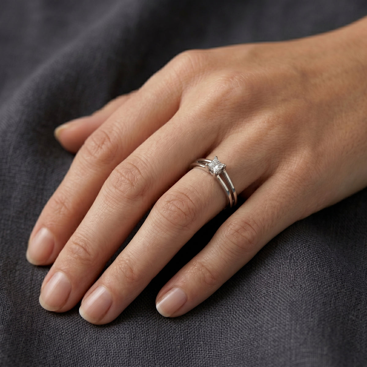 Cushion Cut Double Band Split Shank Solitaire Engagement Ring — lifestyle
