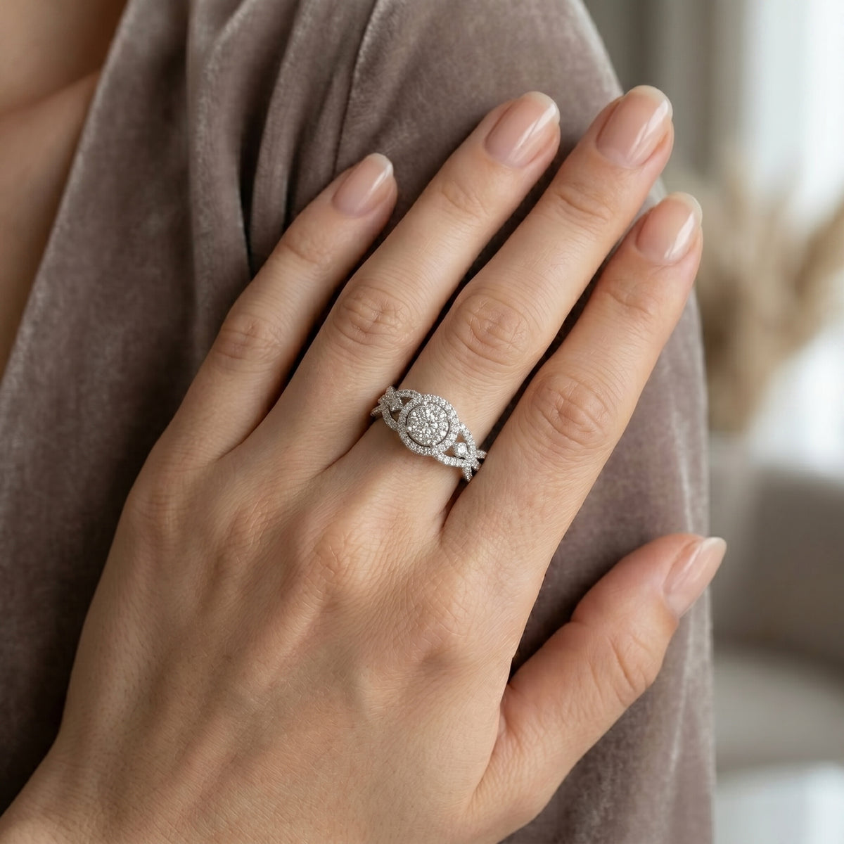 Round Diamond Cluster Halo Statement Engagement Ring with Floral Pavé Sides — lifestyle