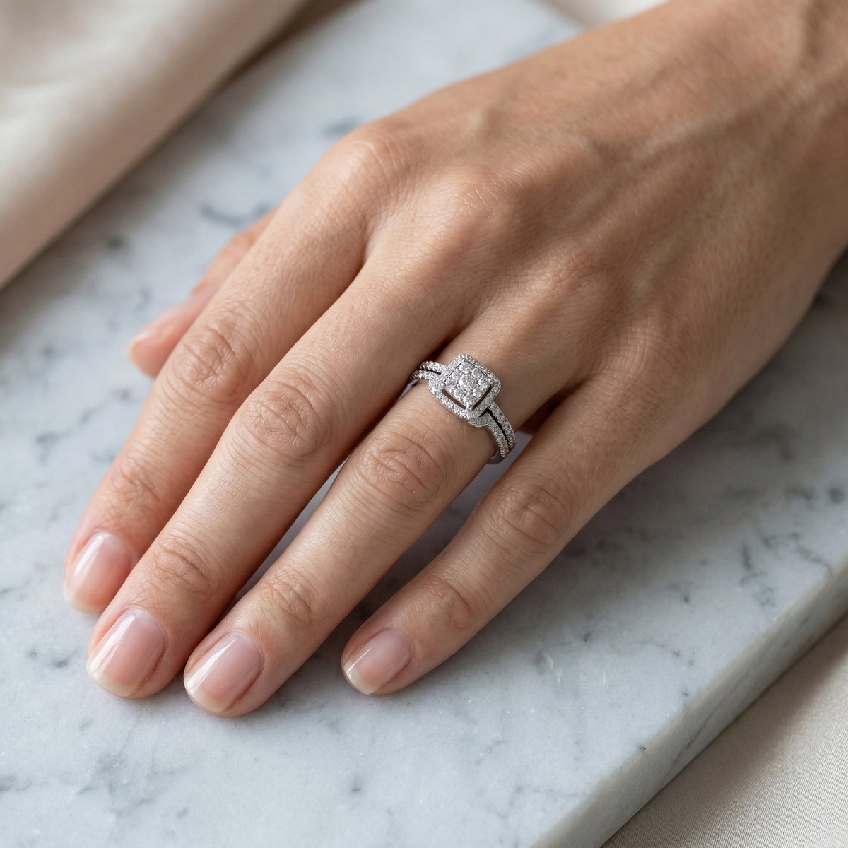 Round Diamond Cushion Cluster Halo Statement Engagement Ring with Split Shank Pavé Band — lifestyle
