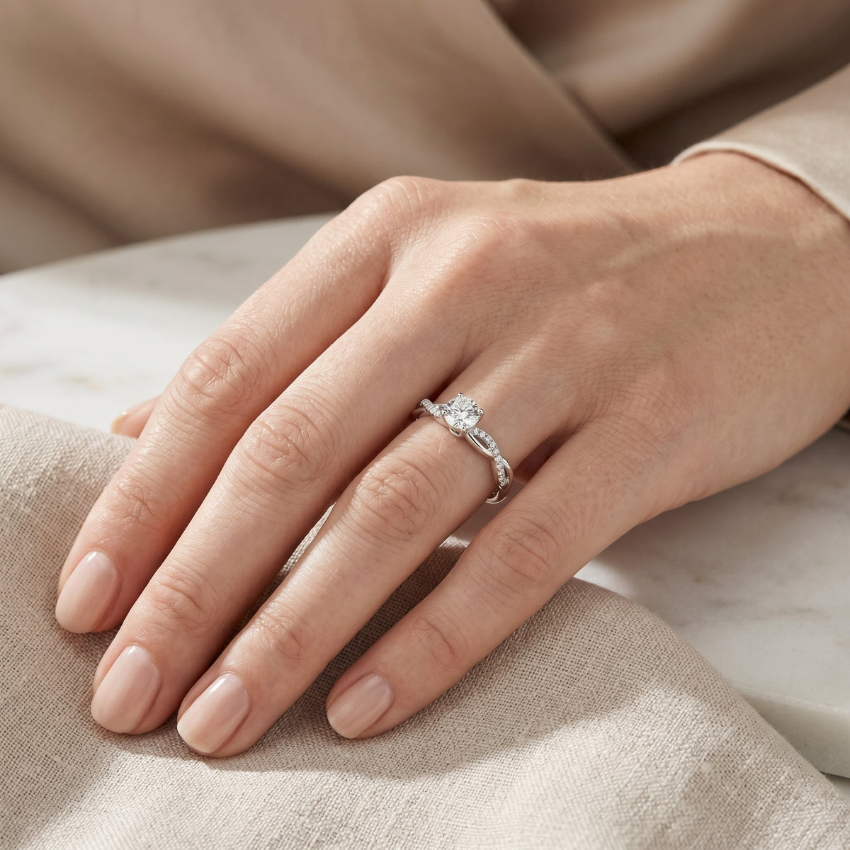 Round Diamond Engagement Ring with Twisted Pavé Vine Shank — lifestyle