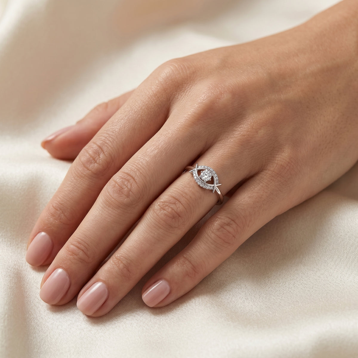 Round Diamond Constellation Engagement Ring with Pavé Arches — lifestyle