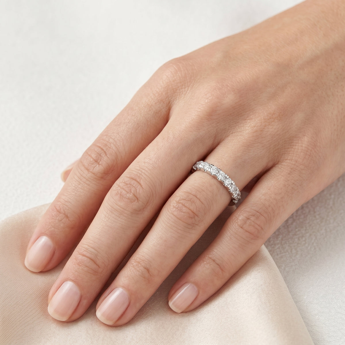 Round Diamond Claw Set Anniversary Band — lifestyle