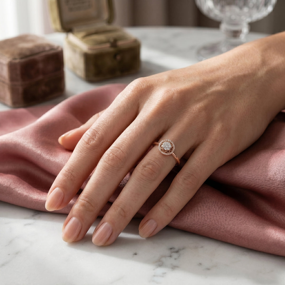 Round Diamond Cluster Caged Halo Engagement Ring — lifestyle