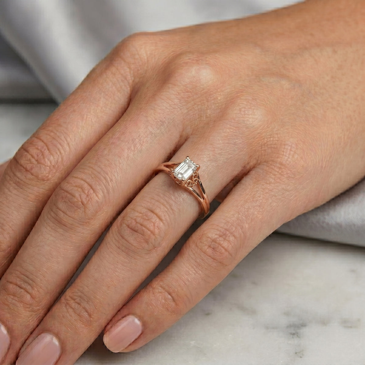 Radiant Cut Double Band Split Shank Solitaire Engagement Ring — lifestyle