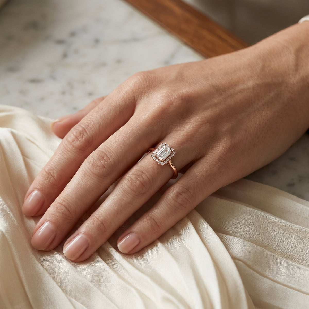 Emerald Cut Halo Engagement Ring — lifestyle
