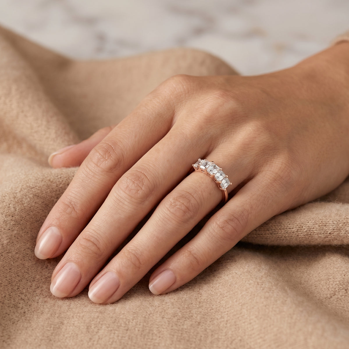 Asscher Cut Five Stone Diamond Wedding Band — lifestyle