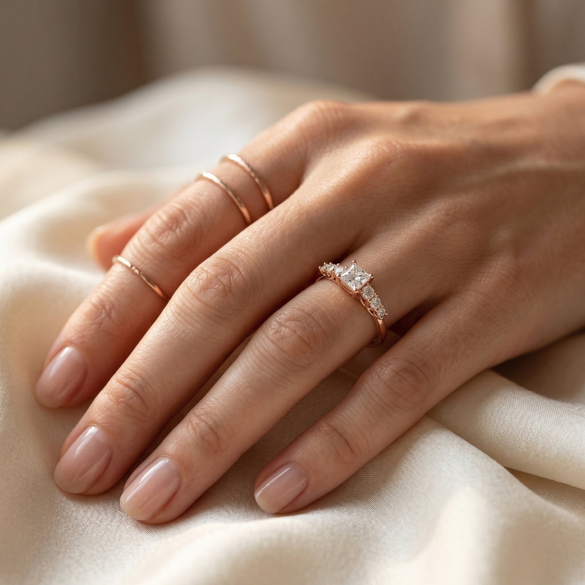Princess Cut Engagement Ring with Round Side Accents on Chevron Shoulders — lifestyle