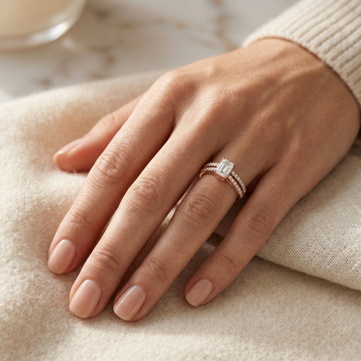 Emerald Cut Engagement Ring with Double Pavé Split Shank — lifestyle