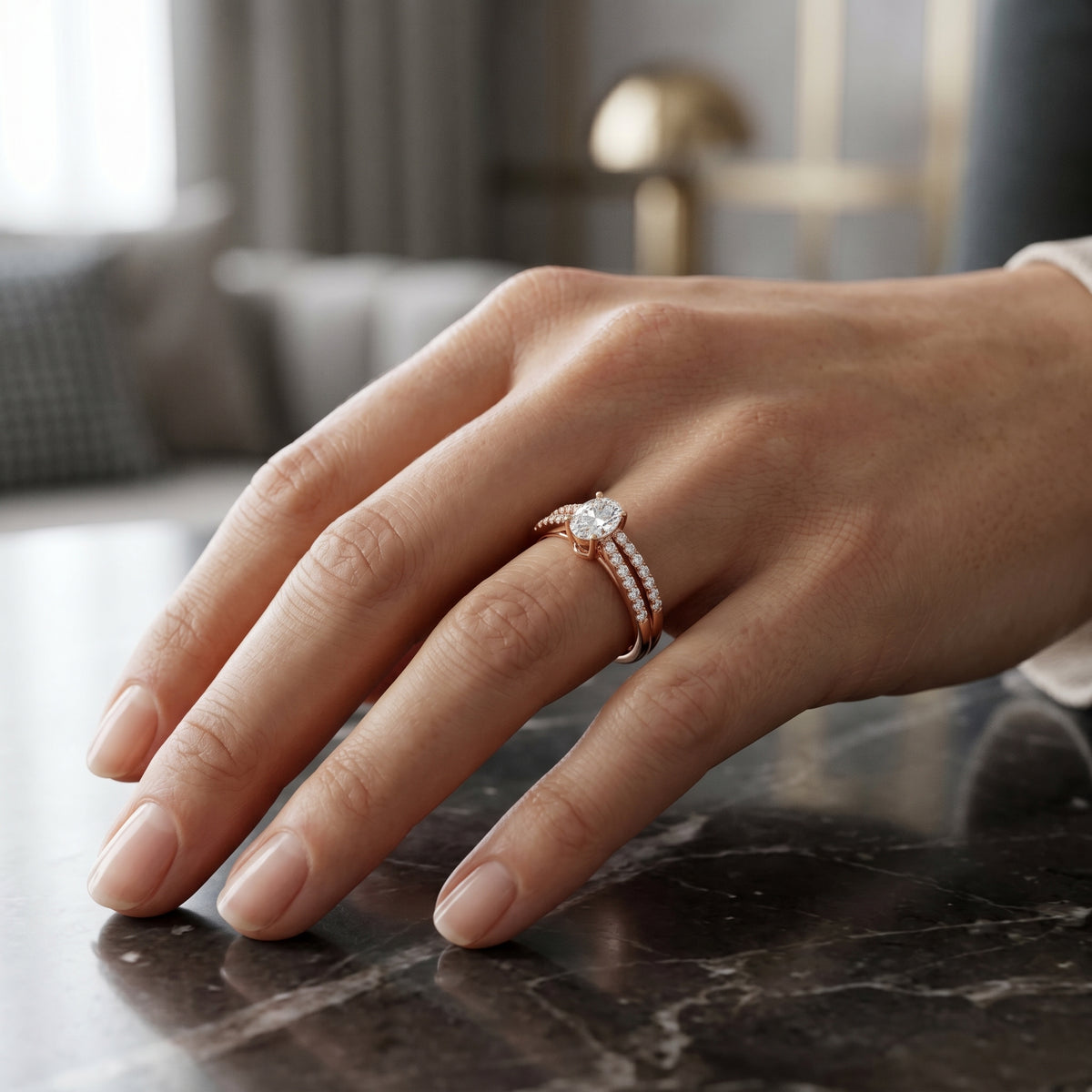 Oval Diamond Engagement Ring with Double Pavé Split Shank — lifestyle