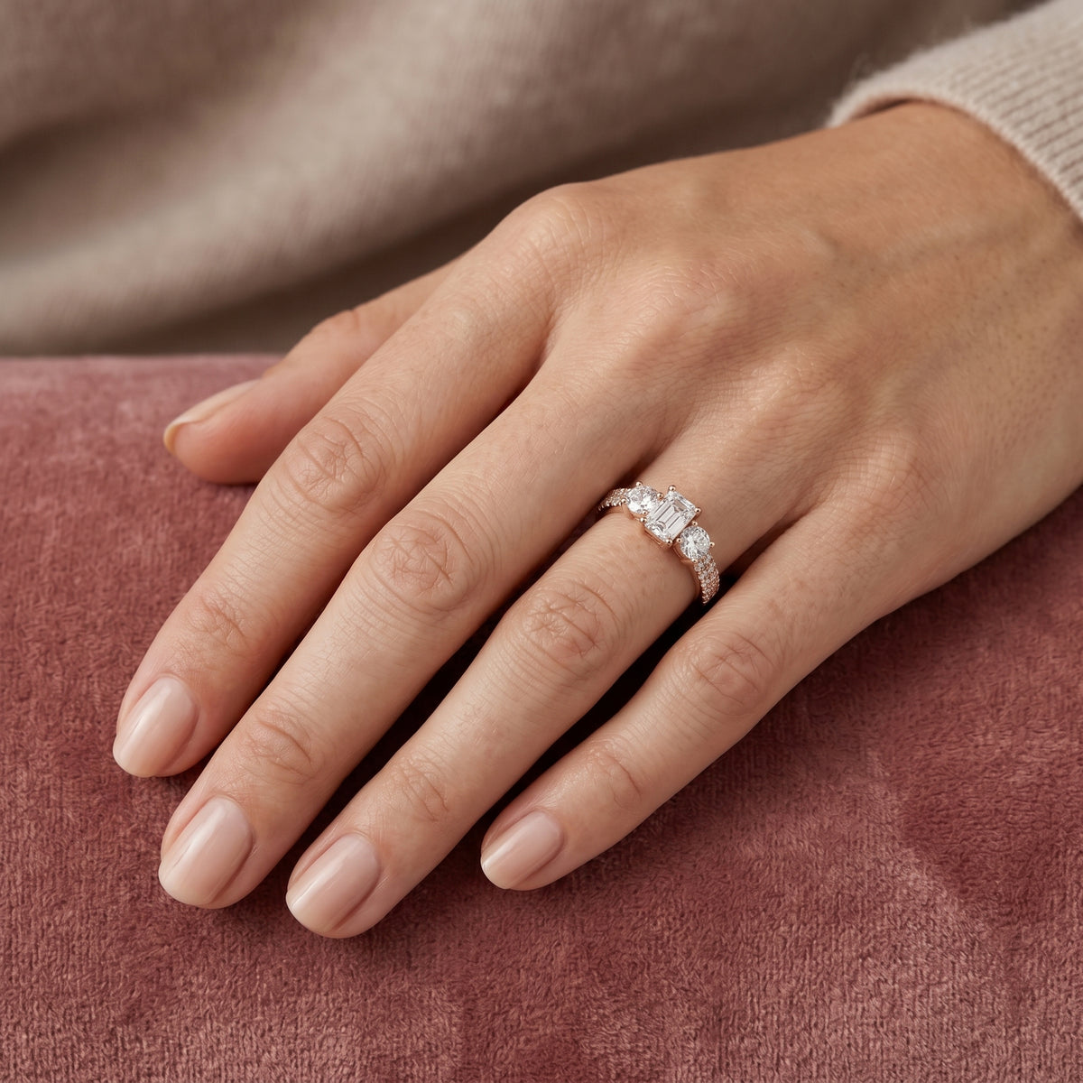 Radiant Cut Engagement Ring with Round Side Accents and Pavé Band — lifestyle