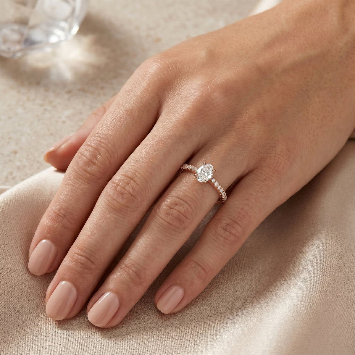 Oval Diamond Cathedral Solitaire Engagement Ring — lifestyle