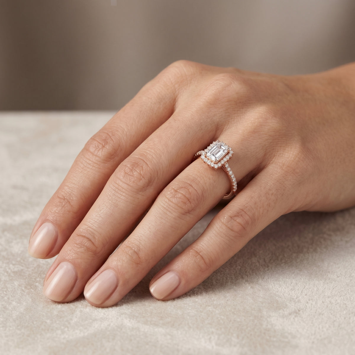 Emerald Cut Diamond Ballerina Halo Engagement Ring — lifestyle