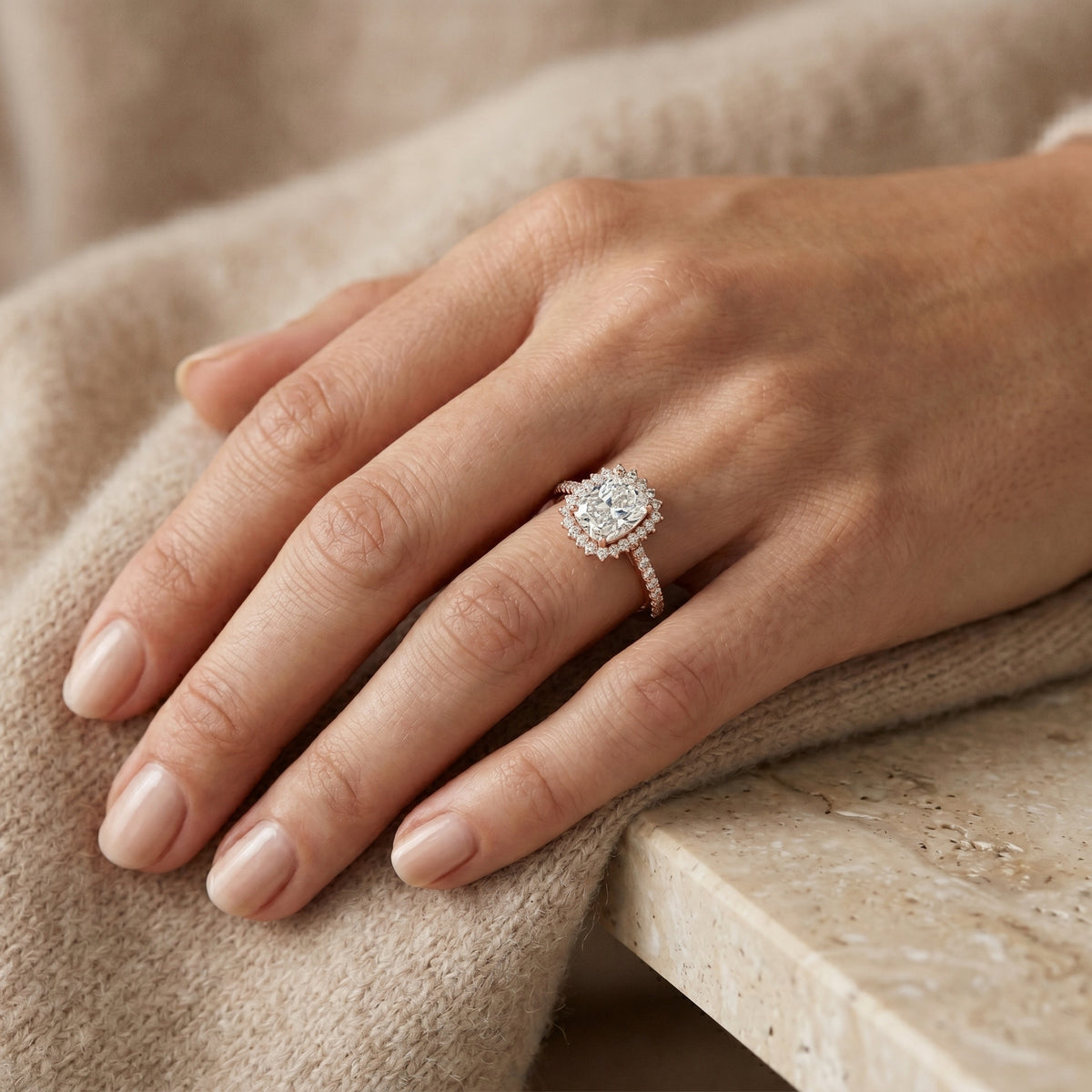 Cushion Cut Halo Engagement Ring with Pavé Band — lifestyle