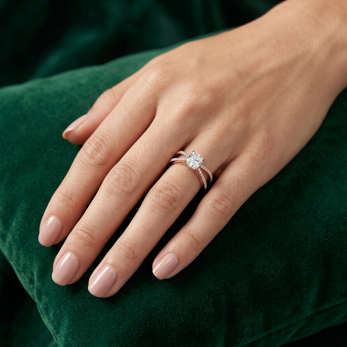 Cushion Cut Engagement Ring with Crossover Pavé Split Shank — lifestyle