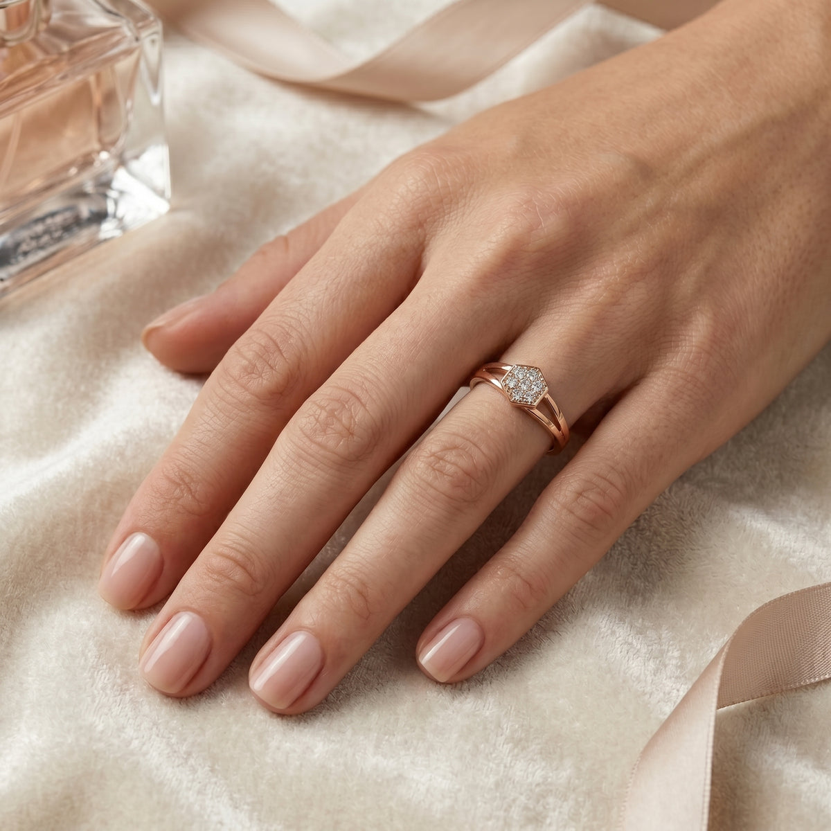 Round Diamond Hexagon Cluster Engagement Ring — lifestyle