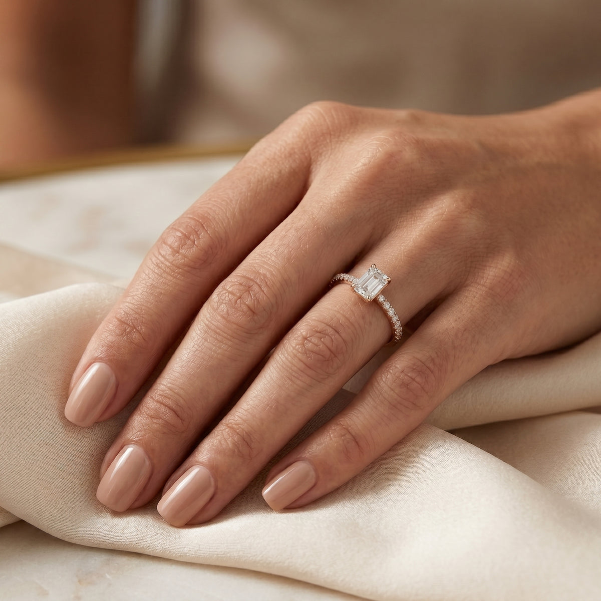 Emerald Cut Diamond Engagement Ring with Pavé Band — lifestyle