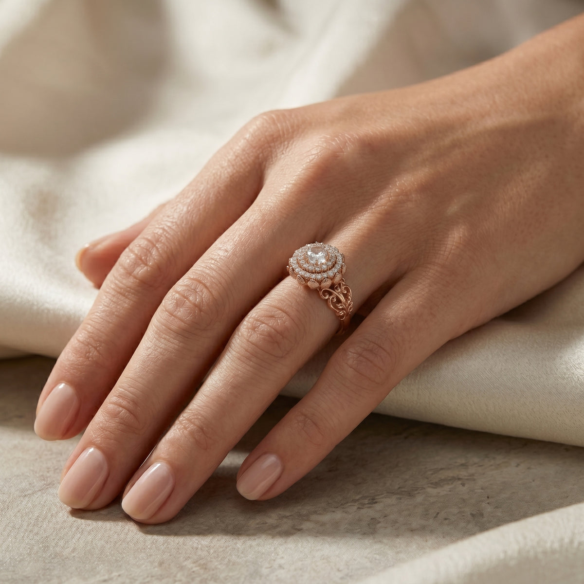 Round Diamond Floral Medallion Cocktail Ring — lifestyle