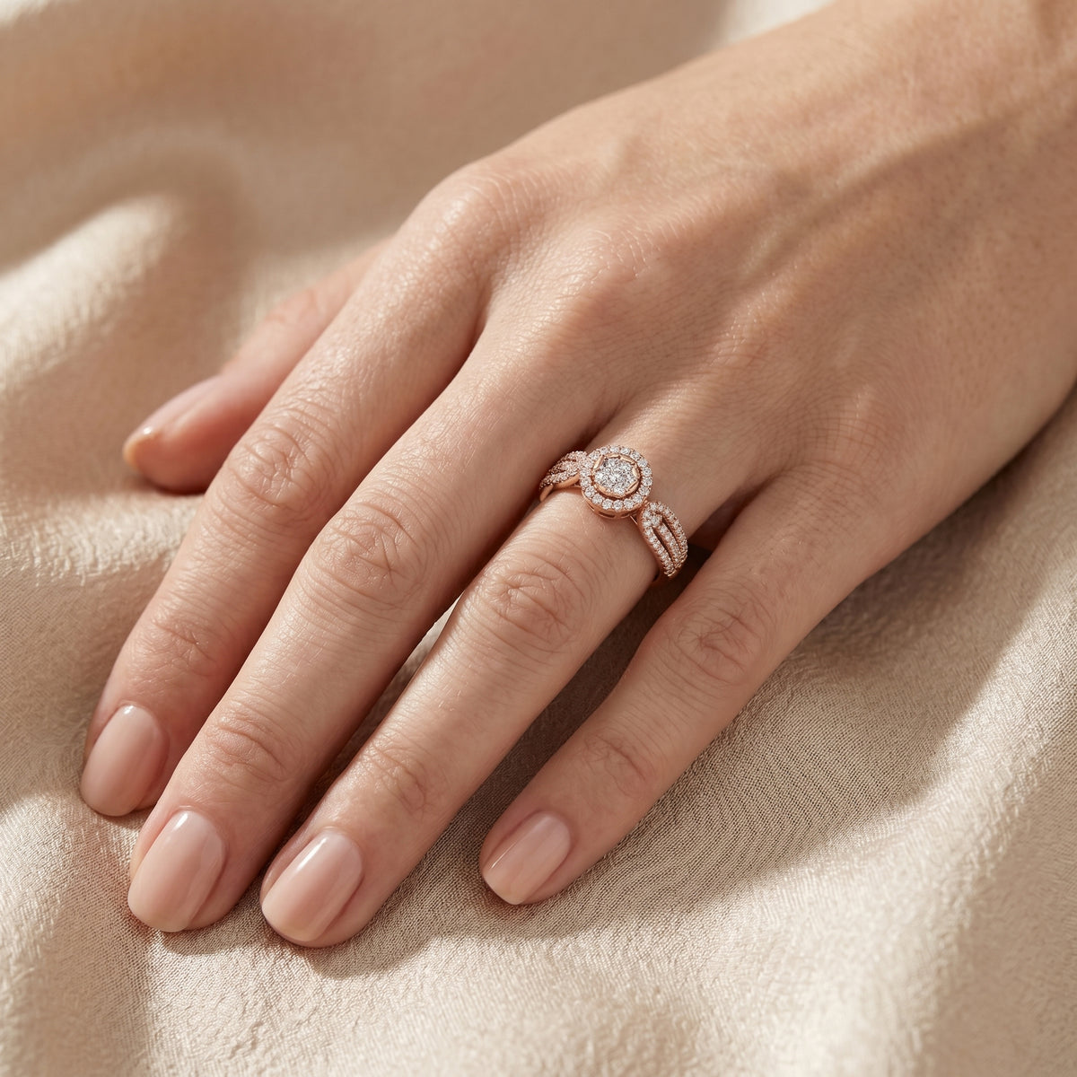 Round Diamond Floral Cluster Engagement Ring with Leaf Shoulders — lifestyle