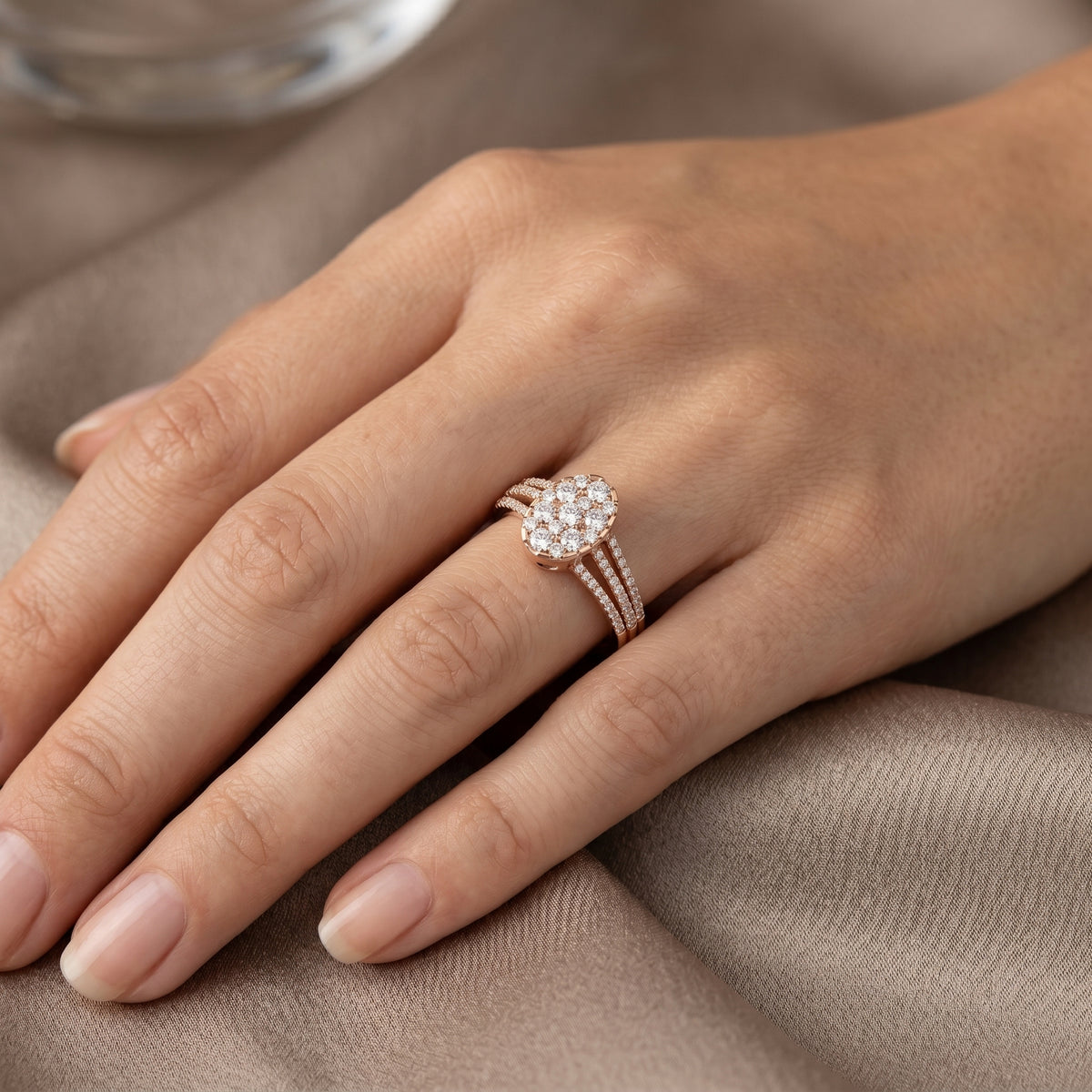 Round Diamond Oval Cluster Engagement Ring with Split Shank Pavé Band — lifestyle