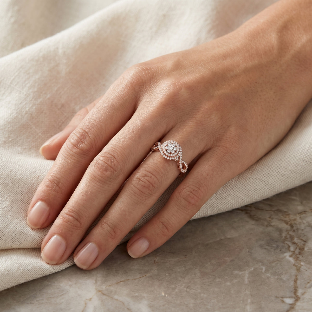 Round Diamond Cluster Double Halo Engagement Ring with Twisted Pavé Band — lifestyle