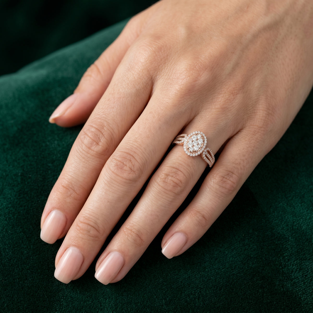 Round Diamond Constellation Oval Cluster Engagement Ring with Split Shank Pavé Band
