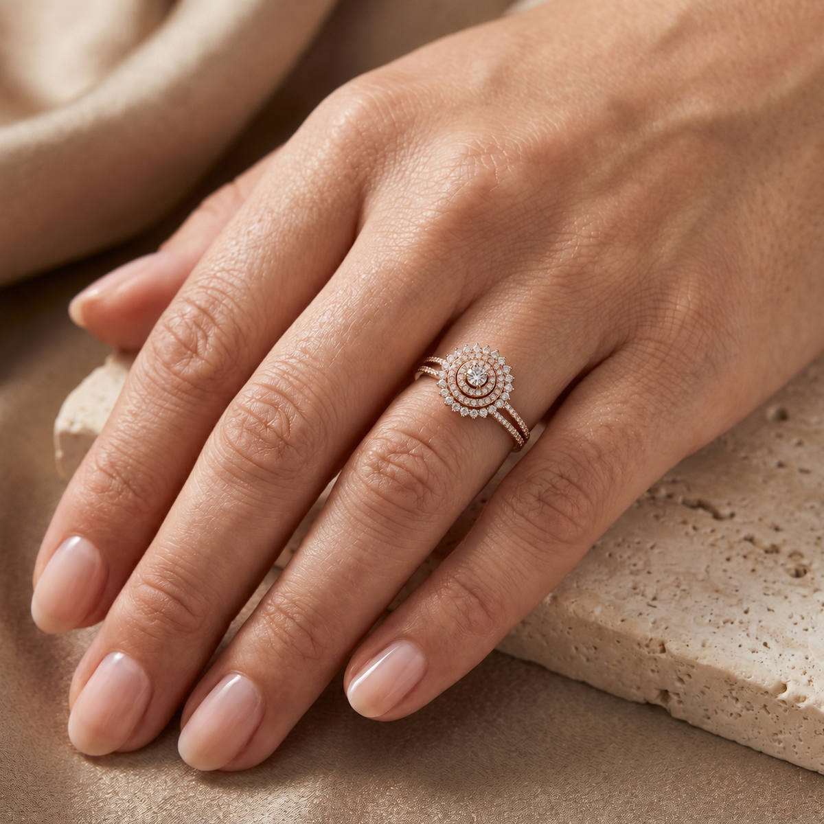 Round Diamond Sunburst Cluster Halo Statement Engagement Ring — lifestyle