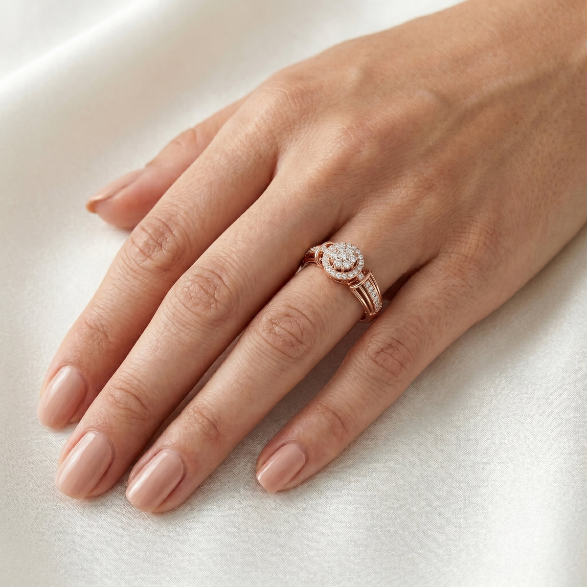 Round Diamond Cluster Halo Engagement Ring with Decorative Split Shank — lifestyle