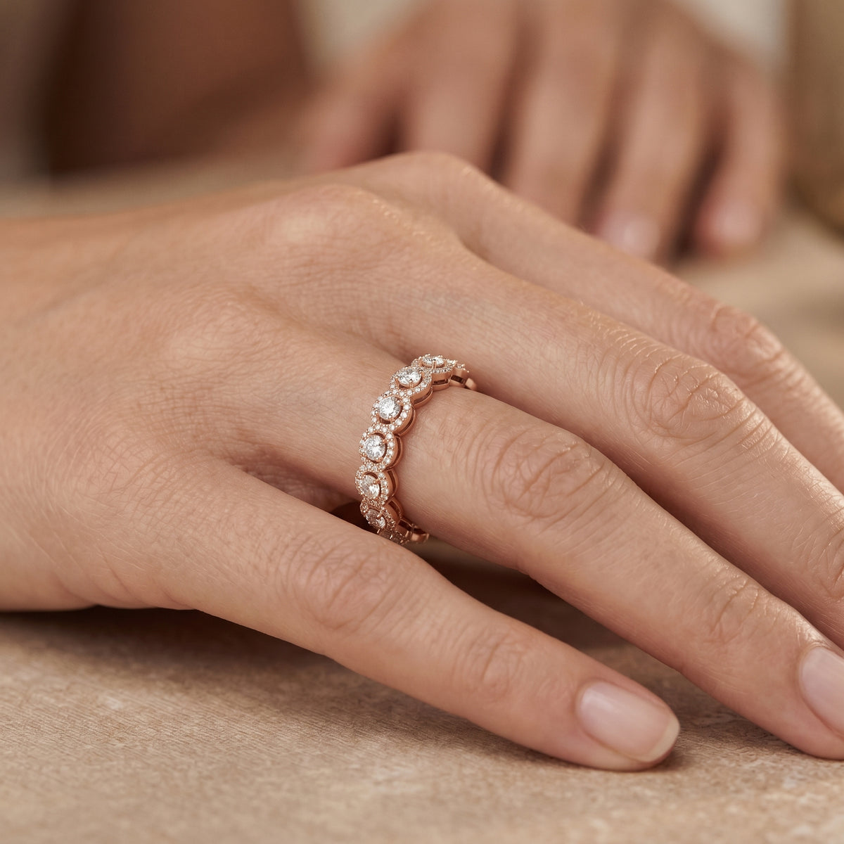 Round Diamond Cluster Halo Eternity Band — lifestyle