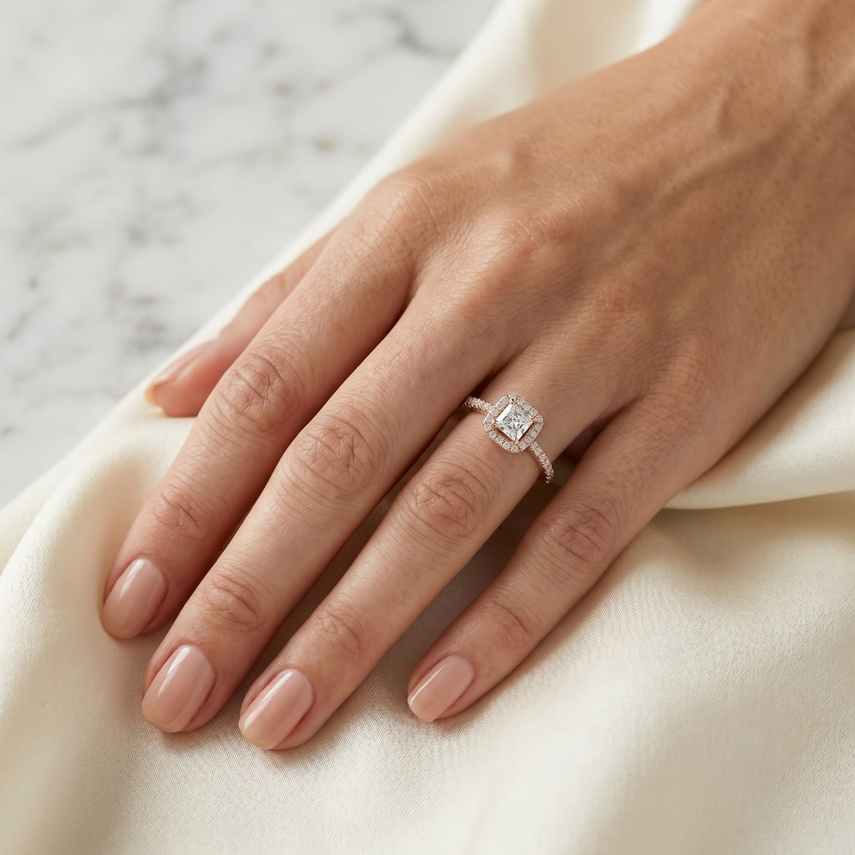 Asscher Cut Halo Engagement Ring with Crossover Pavé Band — lifestyle