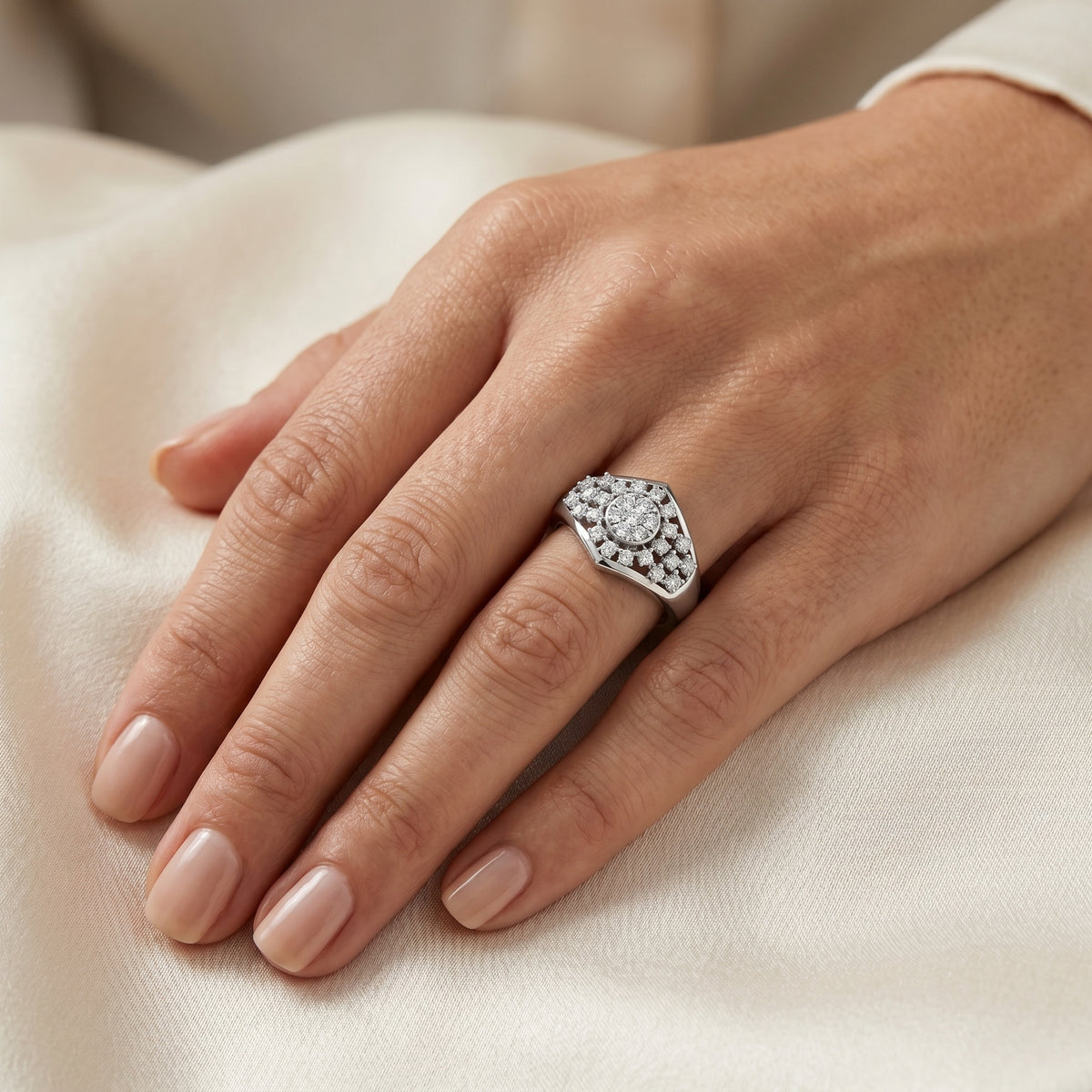 Round Diamond Hexagonal Cluster Signet Engagement Ring — lifestyle