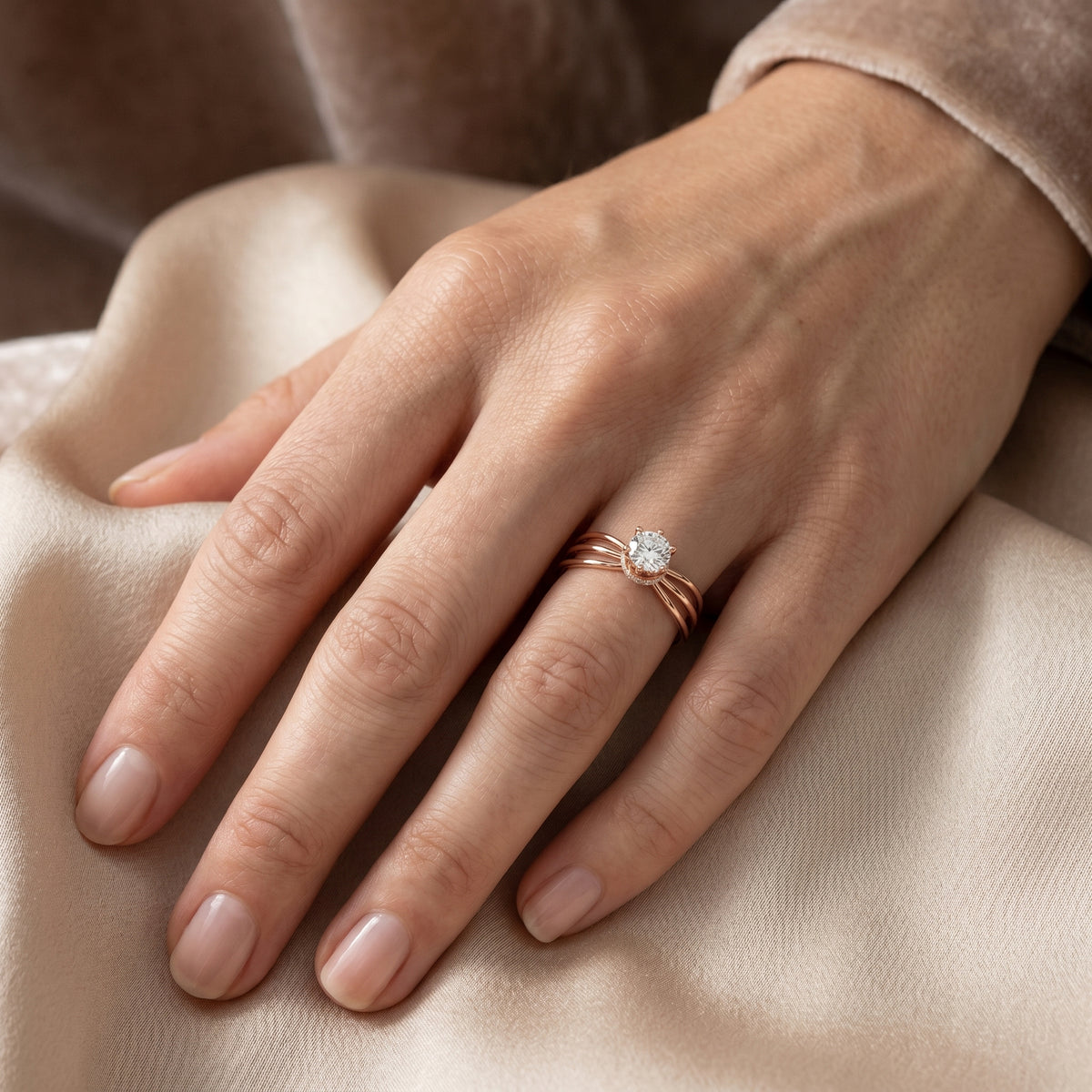 Round Diamond Triple Band Hidden Halo Solitaire Engagement Ring — lifestyle