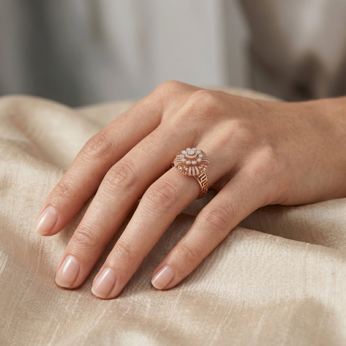 Round Diamond Floral Cluster Statement Engagement Ring — lifestyle