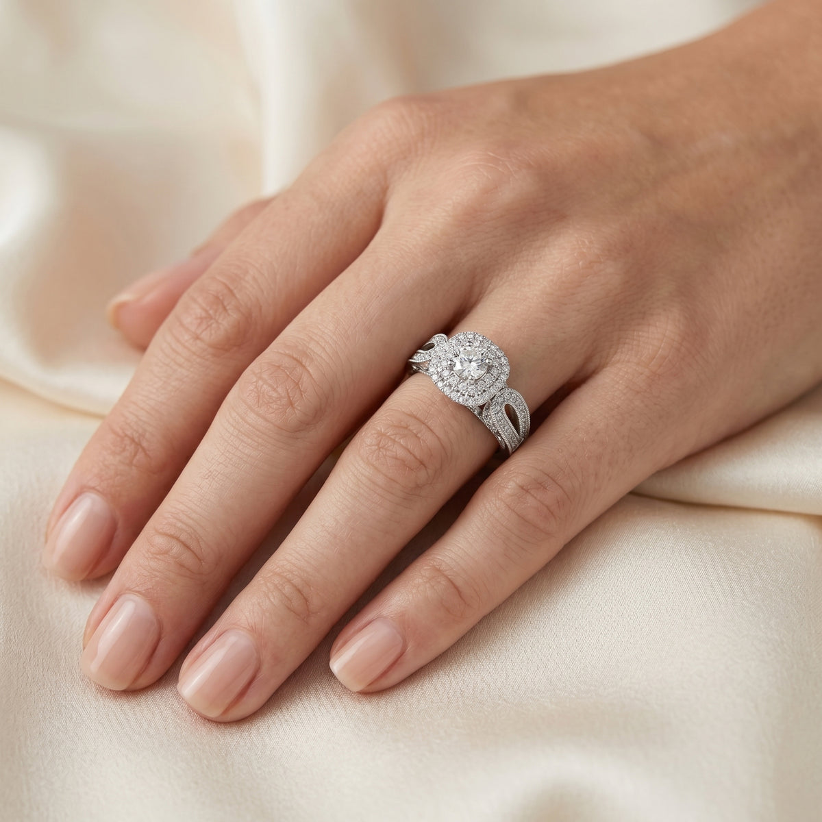 Round Diamond Double Halo Engagement Ring with Decorative Band — lifestyle
