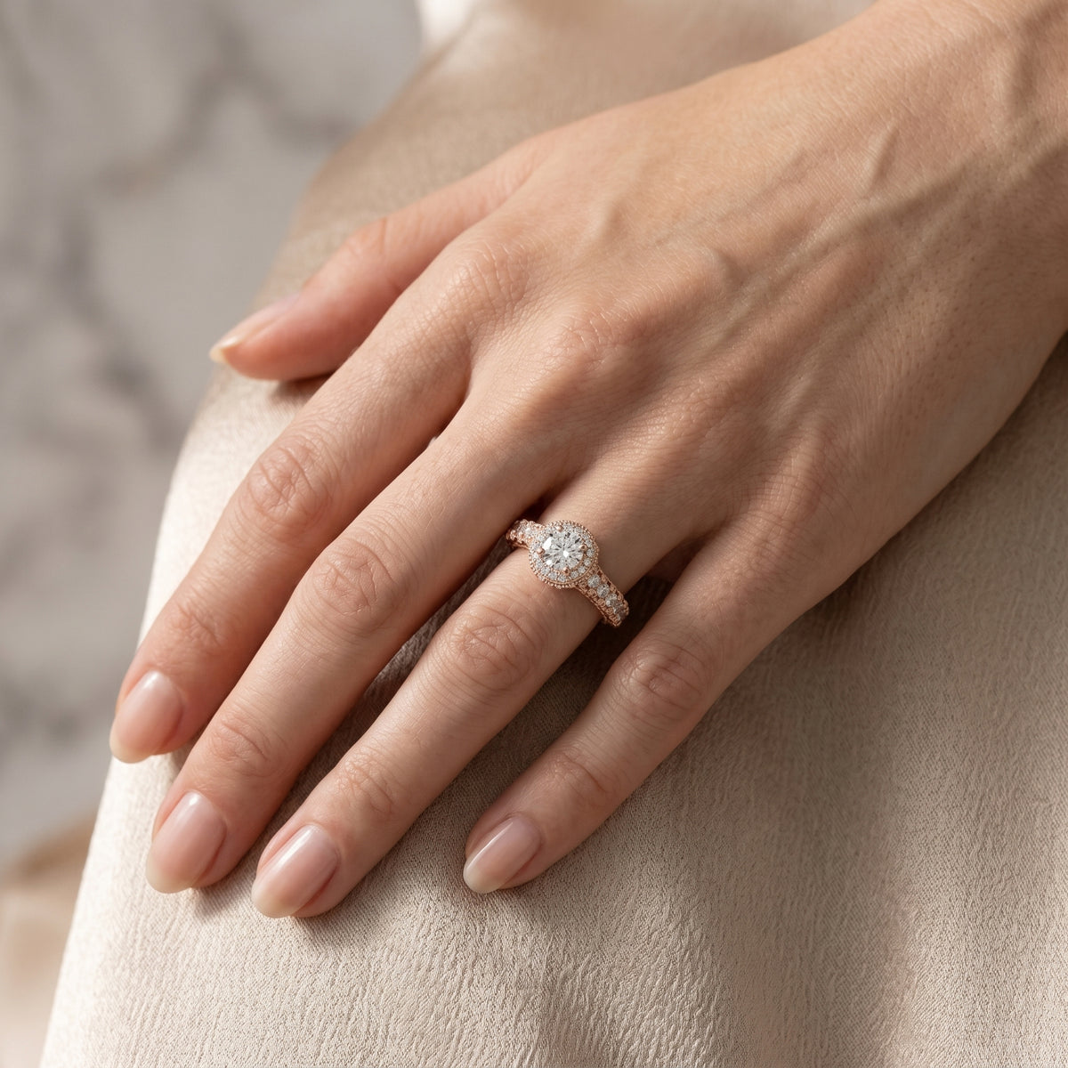 Round Diamond Halo Engagement Ring with Multi-Row Pavé Band — lifestyle