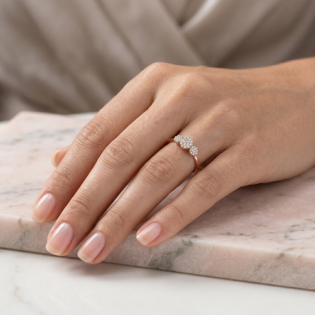 Round Diamond Three Cluster Constellation Engagement Ring — lifestyle