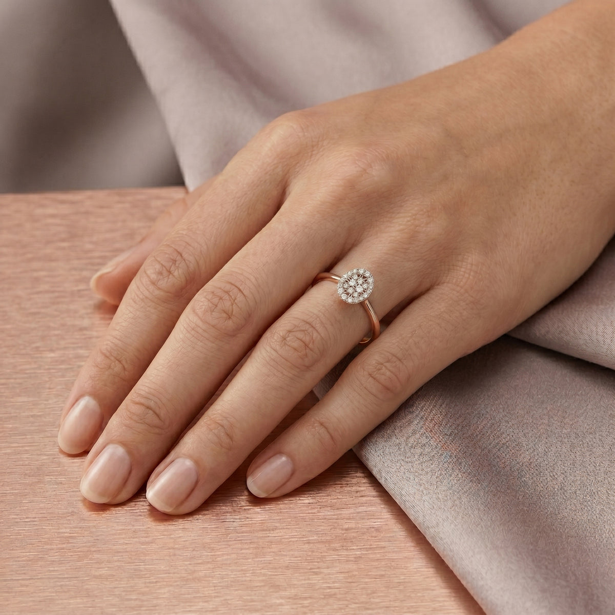 Round Diamond Oval Pavé Cluster Engagement Ring — lifestyle