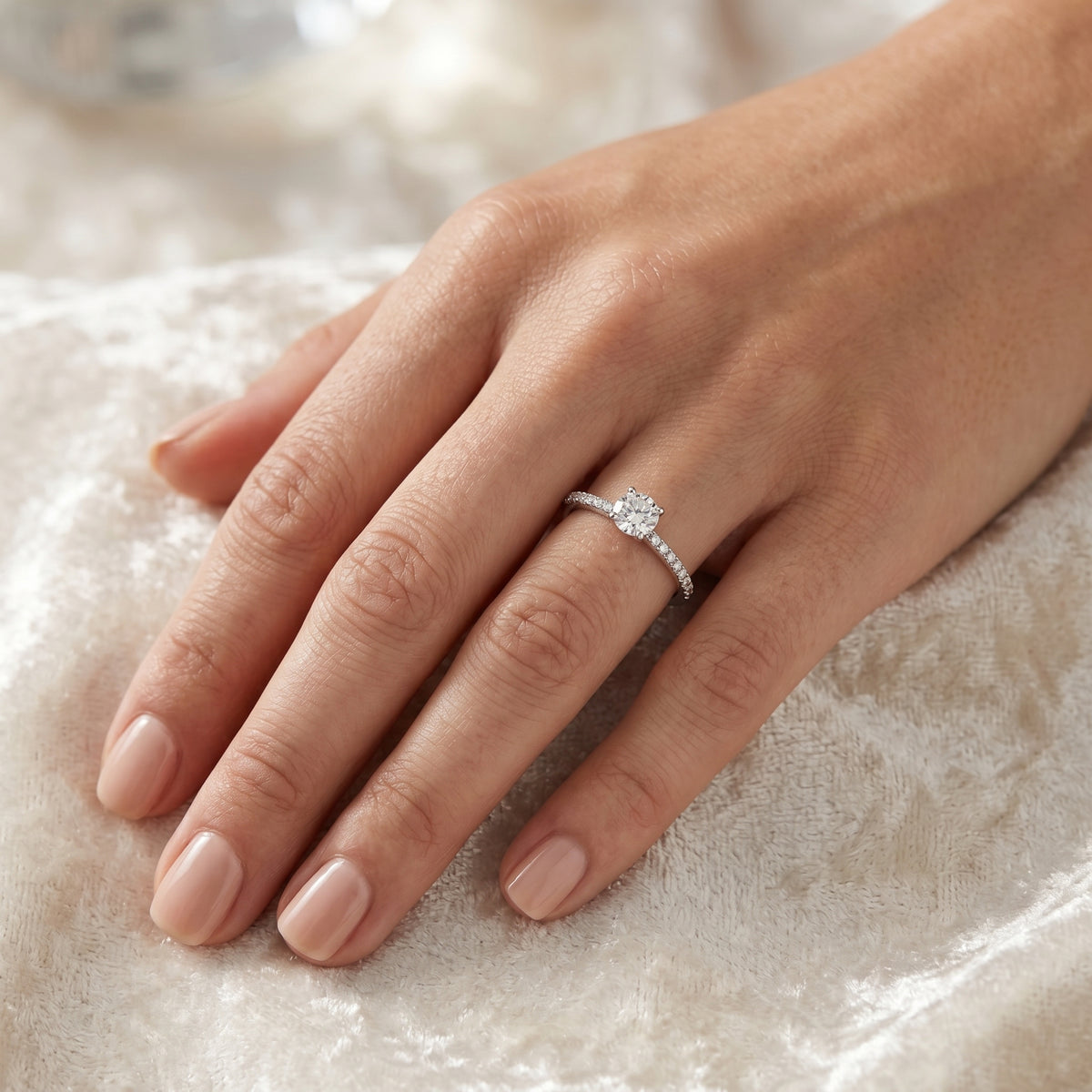 Round Diamond Engagement Ring with Pavé Band — lifestyle