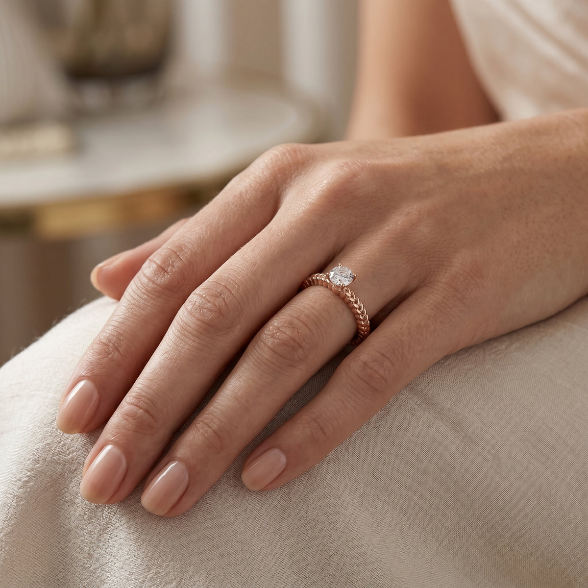 Round Diamond Solitaire Engagement Ring with Woven Rope Band — lifestyle