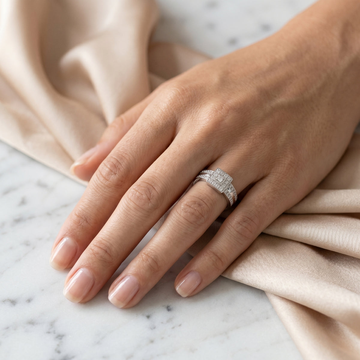 Round Diamond Constellation Signet Engagement Ring with Channel Set Pavé — lifestyle