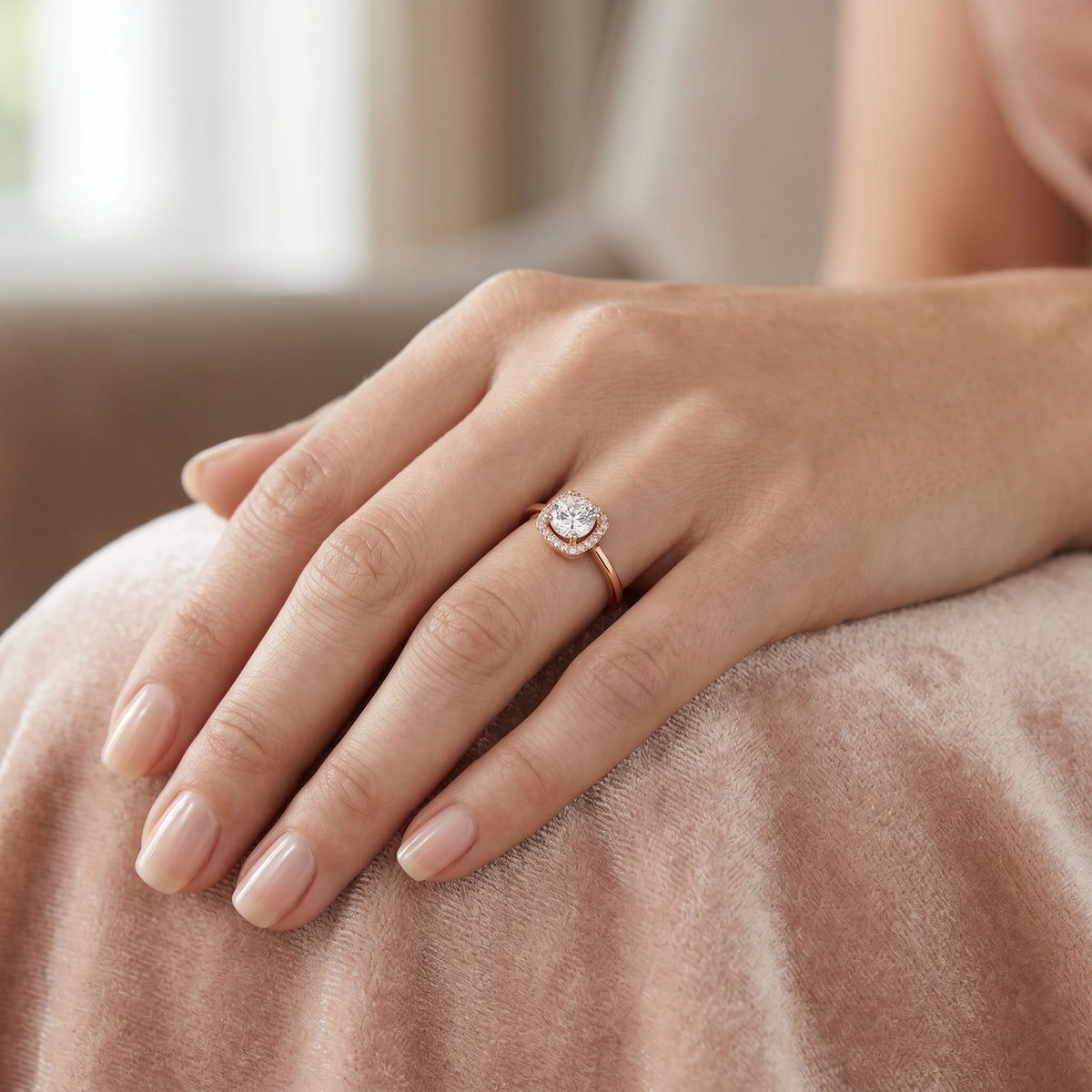 Round Diamond Cushion Halo Engagement Ring — lifestyle
