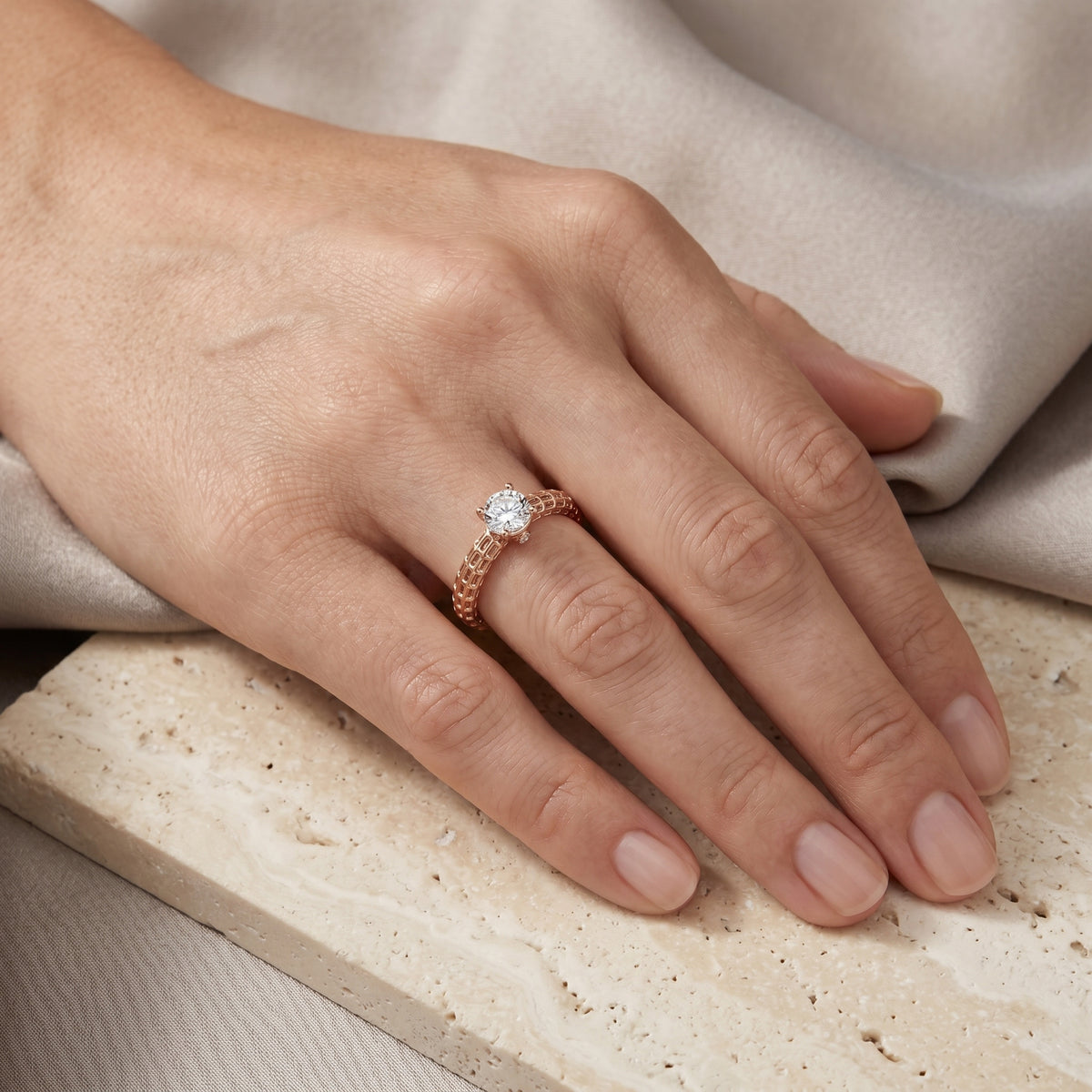 Round Diamond Three Stone Engagement Ring with Openwork Band — lifestyle