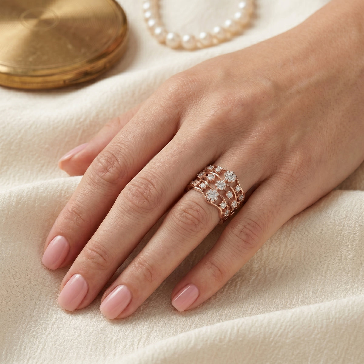 Round Diamond Wide Floral Cluster Anniversary Band — lifestyle