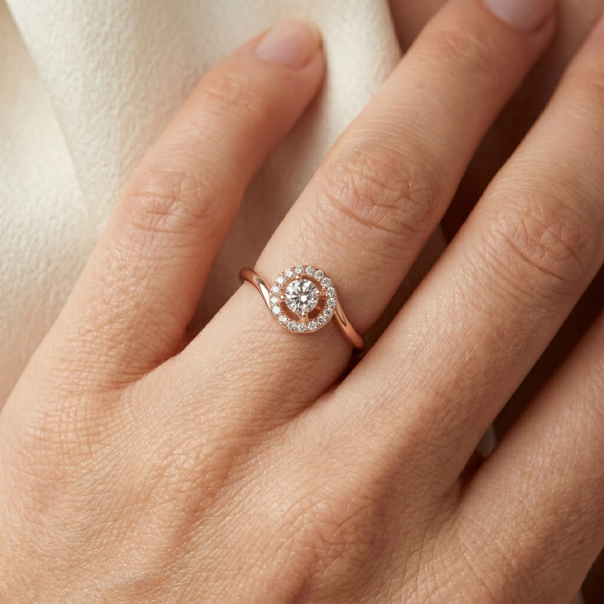 Round Diamond Halo Engagement Ring with Bypass Open Shank — lifestyle