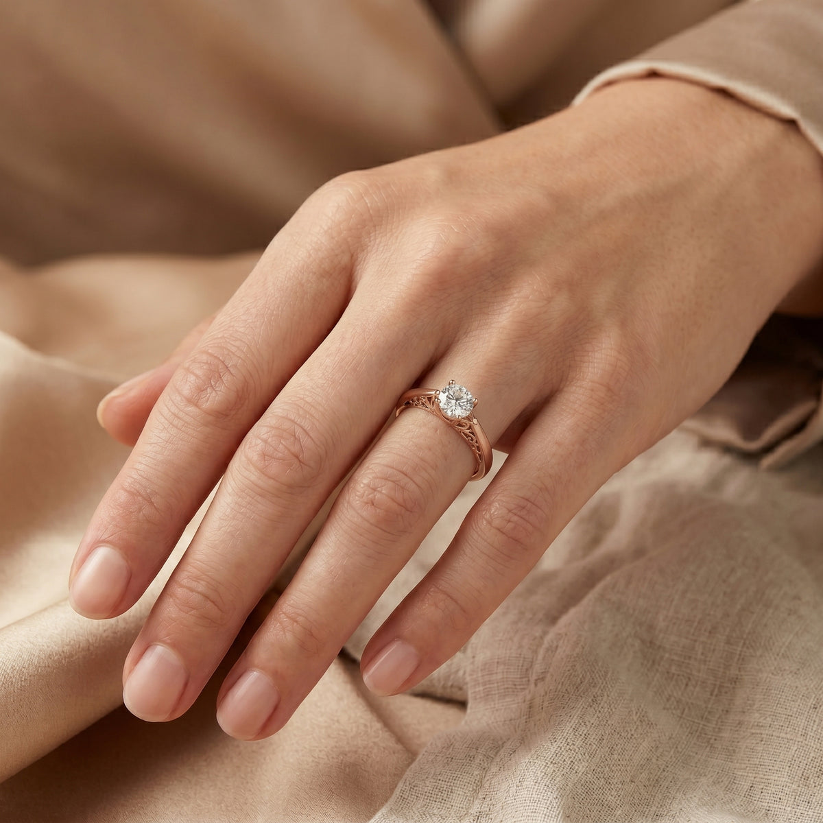 Round Diamond Solitaire Engagement Ring with Decorative Open Shoulders — lifestyle